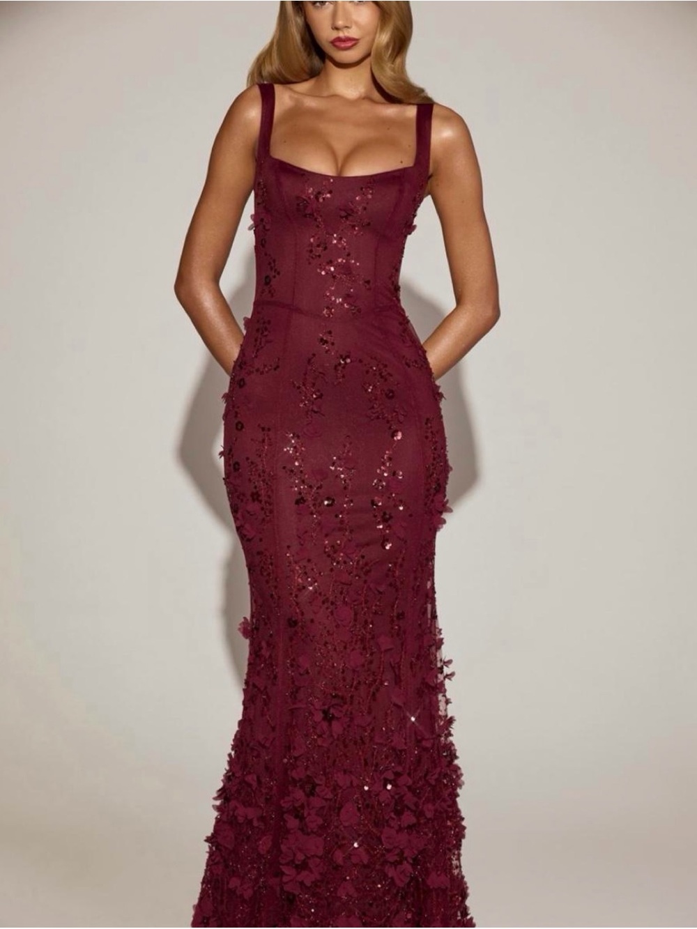 Oh Polly Burgundy Embellished Square-Neck Maxi Dress
